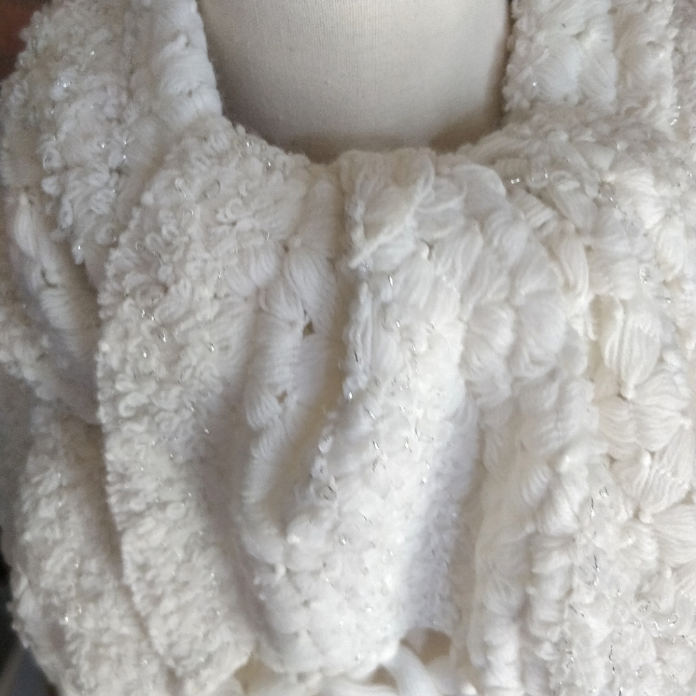 Knitted White Wide Scarf, Silver Shimmer, Tassels - Picture 5 of 6